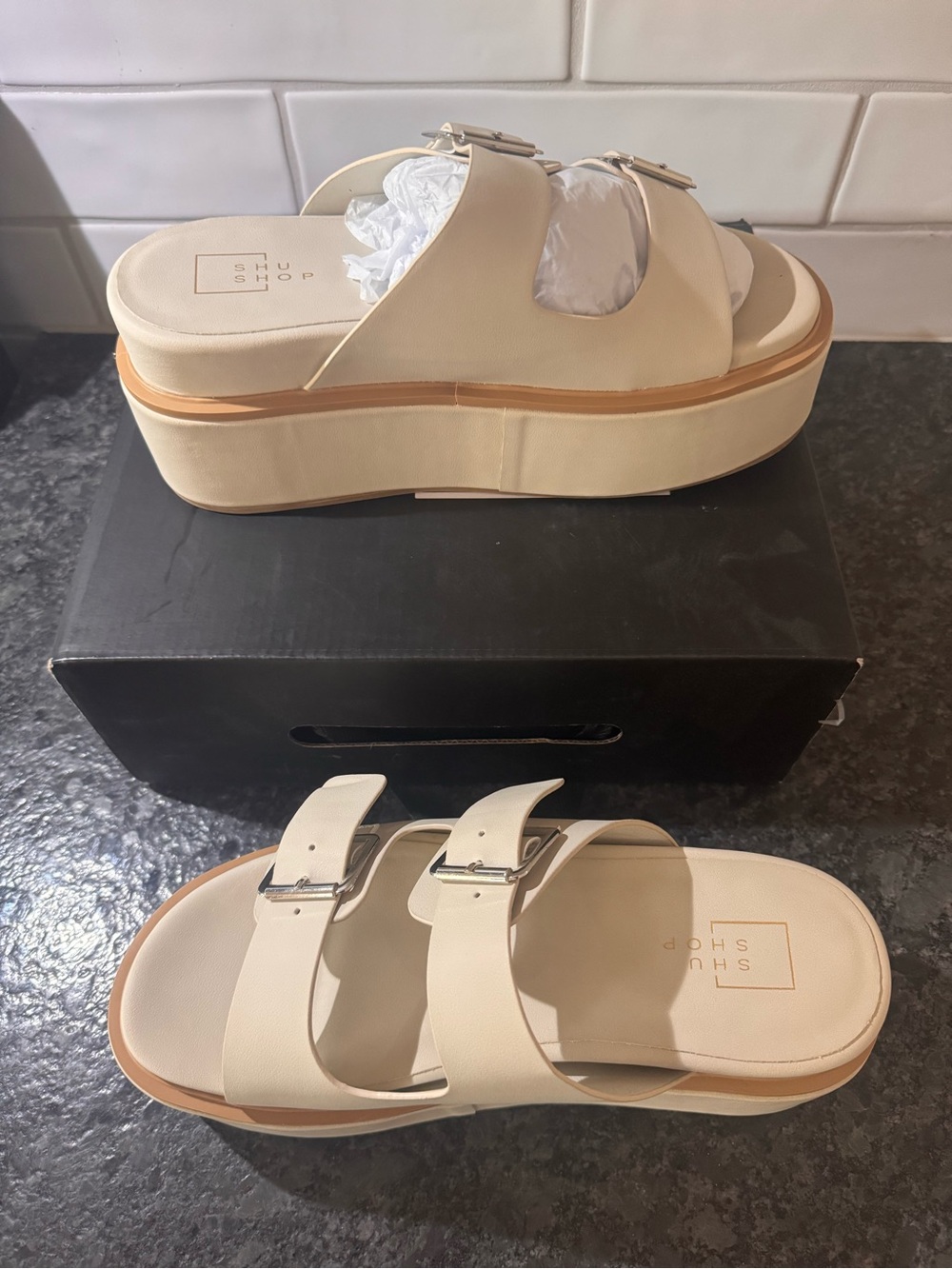 ShuShop Cream Double-Buckle Platform Slide Sandal